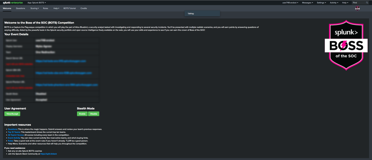 Splunk Boss of the SOC ANZ 2020 dashboard screenshot